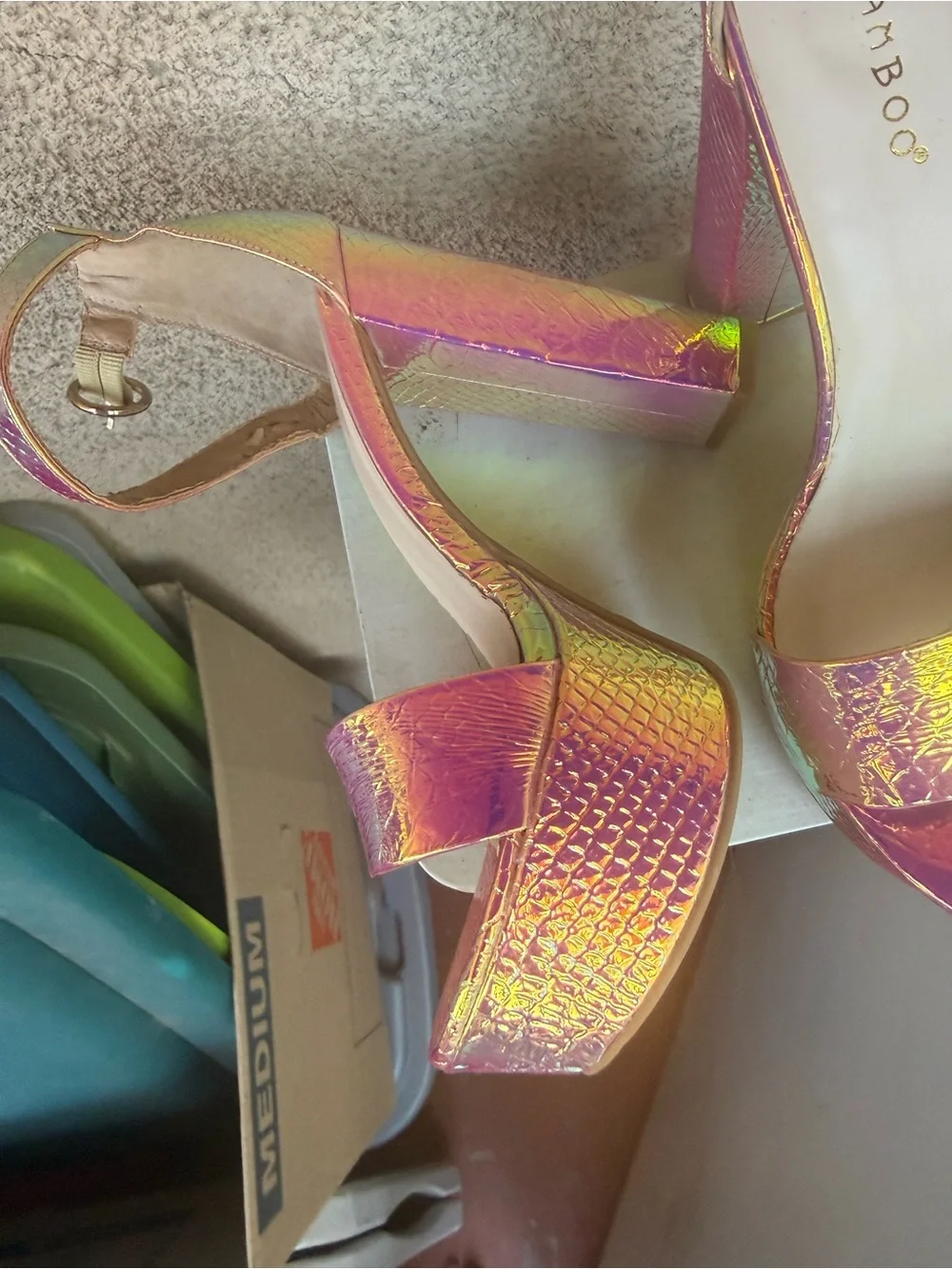 BAMBOO Iridescent Pink-Purple Platform Ankle Strap Sandals